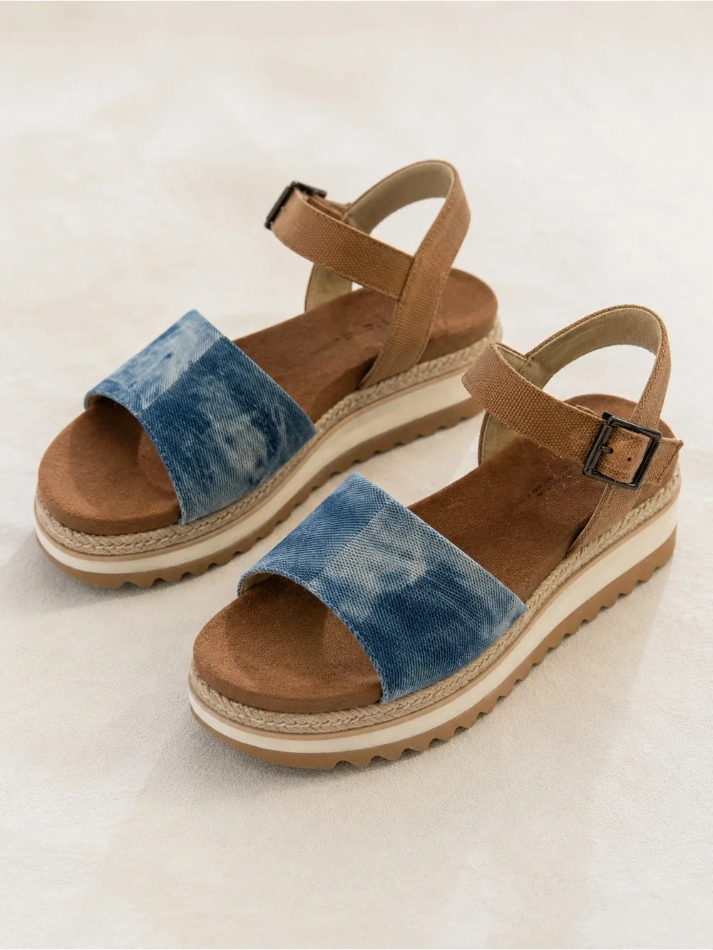 TOMS Diana Platform Wedge Sandals 7.5 Blue Washed Denim Espadrille Boho